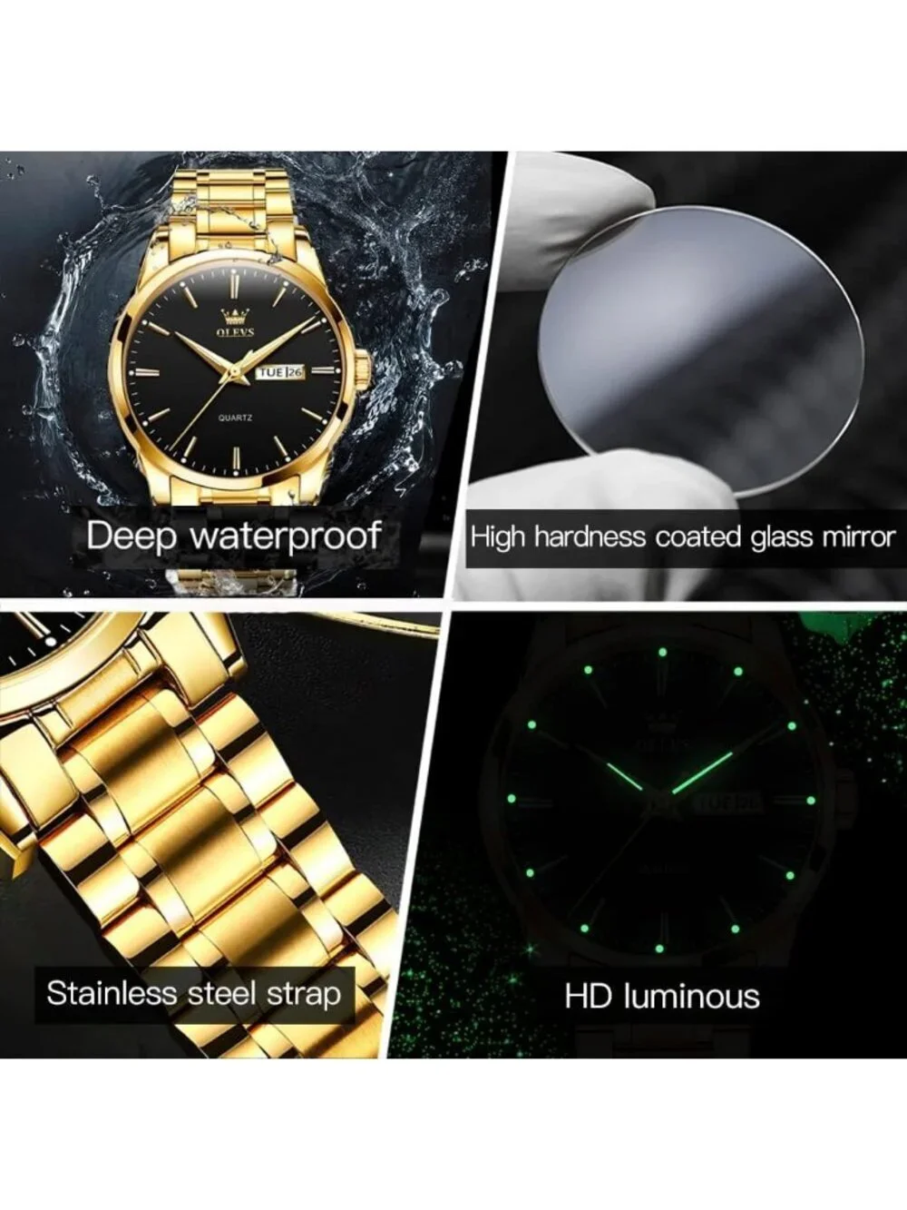 Men's Gold Black Big Dial Analog Quartz Stainless Steel Relojes Waterproof Watch
